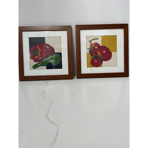 Needlepoint Art of Vegetables Framed Matted - 2 pieces eas. 9x9" - Picture 3 of 4